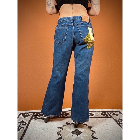 Reworked Vintage 60s 70s Retro Patchwork Statement Flare Dark Wash Jeans - Picture 4 of 8
